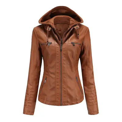 (camel, 4XL) Women Spring Autumn Hooded Two Piece Removable Large Size Pu Washed Leather Jacket 