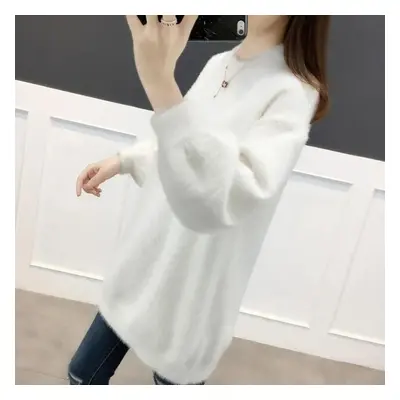 (white, XXXL) Big Size Tops Women Autumn And Winter Thickened Warm Loose Sweater Pullover Solid 