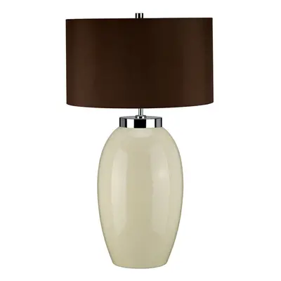 Table Lamp Large Ceramic Cream Glaze Brown Faux Silk Empire Shade LED E27 60W