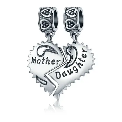 Mother & Daughter Love Heart Double Dangle Charm Pendant Genuine Sterling Silver Compatible With