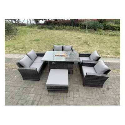 (6 seater+1*big footstool ) Fimous Rattan Outdoor Furniture Gas Fire Pit Dining Table Chairs Sof