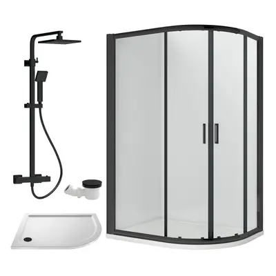 Ruwa Shower Enclosure Bundle - Offset Right Quadrant, Tray, Square Shower & Waste - White/Black 