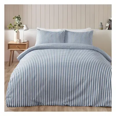 Catherine Lansfield Brushed Stripe Cotton Reversible King Duvet Cover Set with Pillowcases Blue