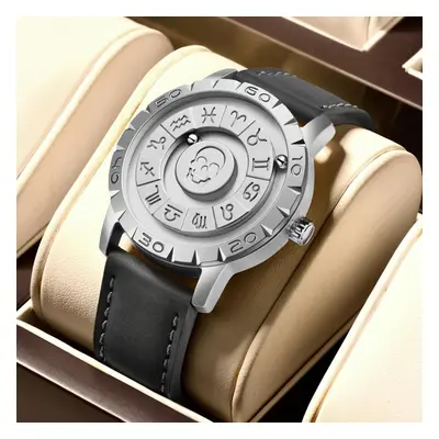 (silver, Leather strap) Lige Brand Foxbox New Personalized Original Men Quartz Watch Skull Dial 