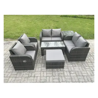 Fimous Rattan Garden Furniture Set with Rectangular Coffee Table Side Table Big Footstool Seater