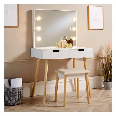 White Dressing Table Drawer Vanity Set Mirror Light Makeup Desk Padded Stool