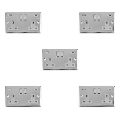 5 PACK Gang UK Plug Socket & Dual 3.1A USB-C & A CHROME & GREY 13A Switched