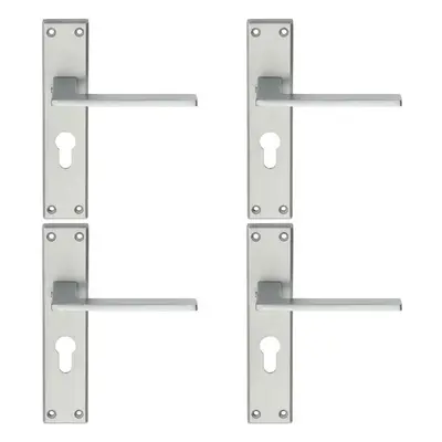 4x Flat Straight Lever on Euro Lock Backplate Handle x 40mm Satin Chrome