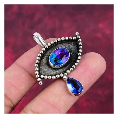 (blue, 1.96 Inches) Bi-color Tourmaline, Tanzanite Handmade Gemstone Pendant, Solid Sterling Sil