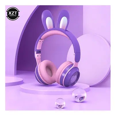 (PURPLE) New Wireless Earphones RGB Rabbit Ears Headset with Mic Cute Girls Music