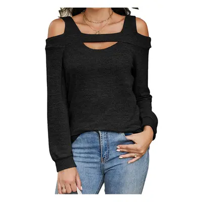 (XL, black) New Off-shoulder Hollow Round Neck Solid Color Long-sleeved Loose Top T-shirt for Wo