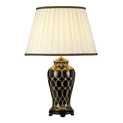 Single Table Lamp Ivory with Black & Gold Trim Shade LED E27 60w Bulb d00461