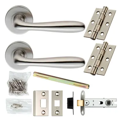 Door Handle & Latch Pack Satin Steel Modern Flared Lever Screwless Round Rose