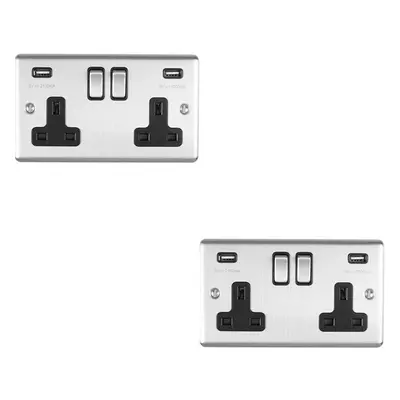 2 PACK Gang Single UK Plug Socket & 2.1A USB SATIN STEEL & Black 13A Switched