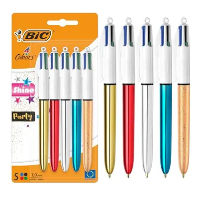 4 Colours Shine and Party Retractable Ball Pens Medium Point (1.00 mm) in Metallic Silver, Gold,