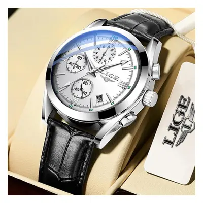 (Silver White) LIGE Men Watch Original Leather strap waterproof sports chronograph wrist watch