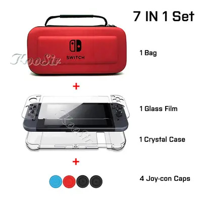 (7 in Set) Nintend Switch Accessories Carry Case Screen Protector Film Hard PC Case Thumb Caps N