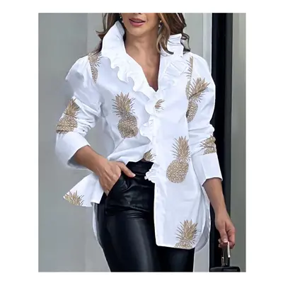 (3, XL) Elegant Women's Shirt Spring V-neck Printed Bubble Sleeve Ruffle Edge Collar Women's Shi