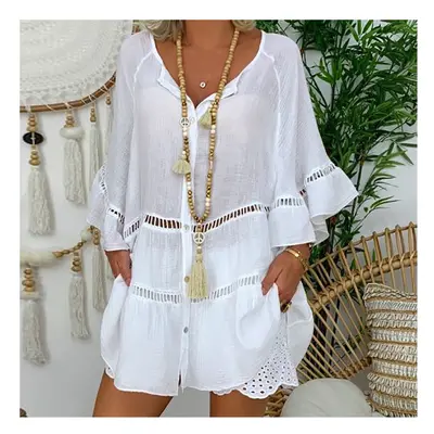 (WHITE, M) Summer Loose Casual Women's Tops And Blouses Three Quarter Sleeve Cotton Linen Shirts