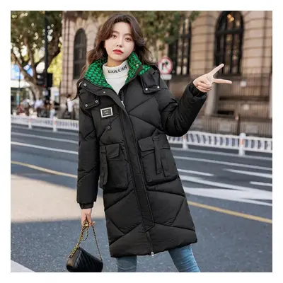 (black, XL) Women Autumn Winter Soild Color Thicken Outwear Cotton Padded Hooded Warm Jacket Coa