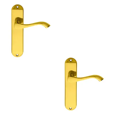 2x PAIR Curved Handle on Chamfered Latch Backplate x 40mm Polished Brass