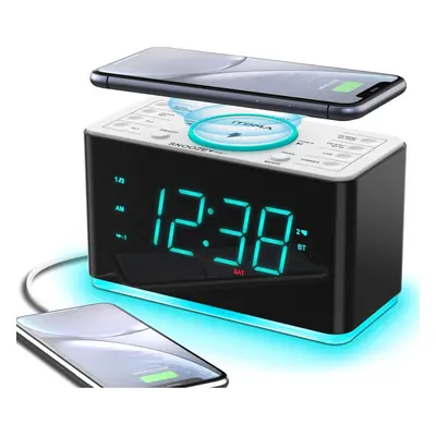 Alarm Clock Radio, 15W Ultra-Fast Wireless Phone Charger with Bluetooth, Two Charging Ports, Dua