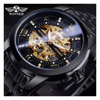 (black) Winner Golden Black Diamond Dial Skeleton Stainless Steel Waterproof Luminous Hand Rome 