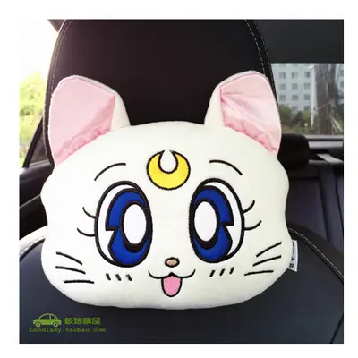 (1 pillow white) Plush kitty Car Pillows Luna Cat Seat Neck Support Car Headrest Pillow