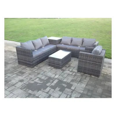 Fimous Grey Rattan Sofa Outdoor Garden Furniture Rectangular Coffee Table Set Patio With Cushion