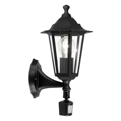 IP44 Outdoor Wall Light & PIR Sensor Black Aluminium Lantern 1x 60W E27 Bulb