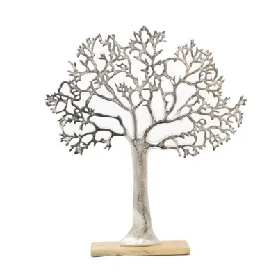 63cm Elegant Silver Tone Tree Of Life Sculpture | Extra Large Silver Metal Tree Ornament On Wood