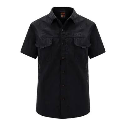 (Black, Asian-XL) Men Summer Outdoor Cargo Short Sleeve Shirt US SWAT Tactical Lightweight Quick