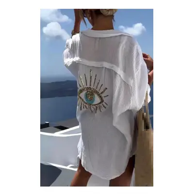 (white, M) Women's Clothing Spring Summer New Fashion Eye Print Lapel Long Sleeved Cotton Linen 