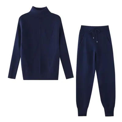 (navy blue, One Size) Taovk Winter Women&apos;s Tracksuit Solid Color Striped Turtleneck Pullove