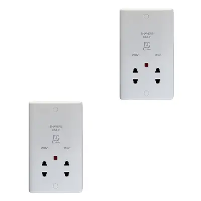 2 PACK 230V & 115V Twin Shaver Socket Wall Plate WHITE Bathroom 86mm x 146mm