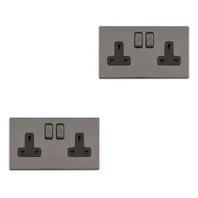 2 PACK Gang DP 13A Switched UK Plug Socket SCREWLESS BLACK NICKEL Wall Power