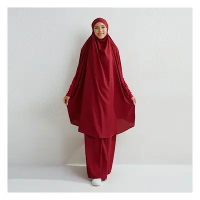 (wine red, One Size) Muslim Sets Two Pieces Prayer Clothing Long Hooded Smocking Sleeve Shirts H