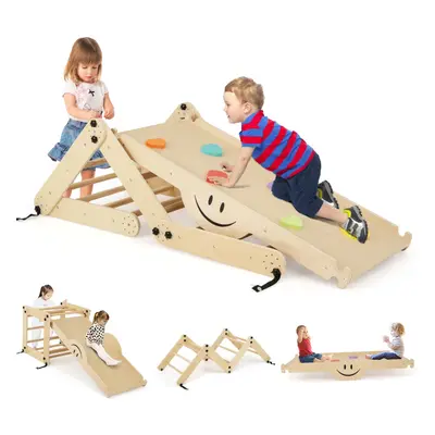 Climbing Set Foldable Wooden Climber Toys With Reversible Ramp Natural