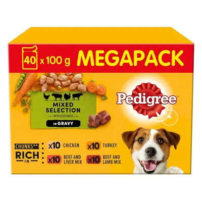 Pedigree Mixed Selection in Gravy Pouches, Adult Wet Dog Food, Megapack (40 x g)