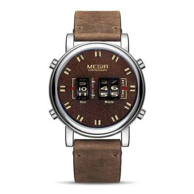 (silver,brown) Megir New Fashion Mens Watches With Leather Strap Top Brand Luxury Sports Quartz 