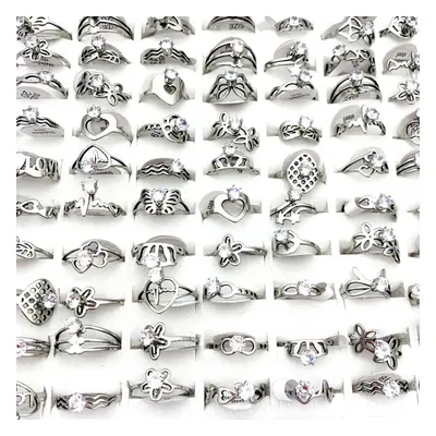 (silver) 50pcs Stainless Steel Rings Silver Gold Plated Zircon Stone Fashion Jewelry Accessories