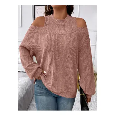 (S, Brick red) New Women's Casual Solid Color Off Shoulder Fashionable Loose Long Sleeved T-shir