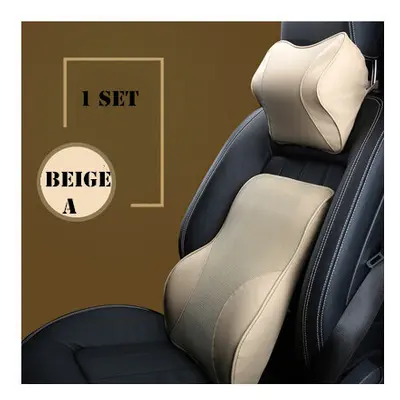 (beige A 1set) Leather Mesh Car Neck Pillow Set Memory Foam Auto Headrest Waist Support