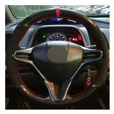 (White Thread) DIY Black Suede Carbon Fiber Car Steering Wheel Cover for Honda Old Civic