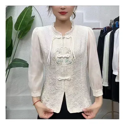 (apricot, XXXL) Summer Chinese Style National Style Disc Buckle Flower Disc Embroidered Shirt Ne