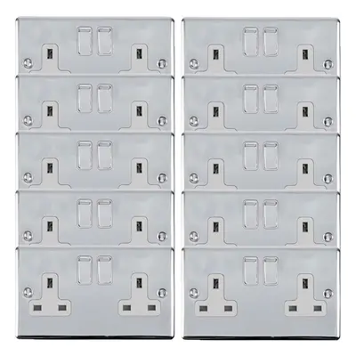 10 PACK Gang Double UK Plug Socket POLISHED CHROME 13A Switched White Trim