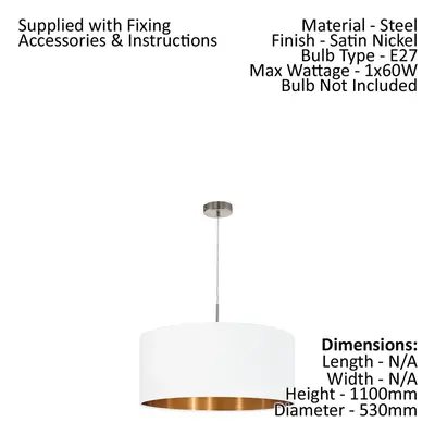 Pendant Light Colour Satin Nickel Shade White Copper Fabric Bulb E27 1x60W