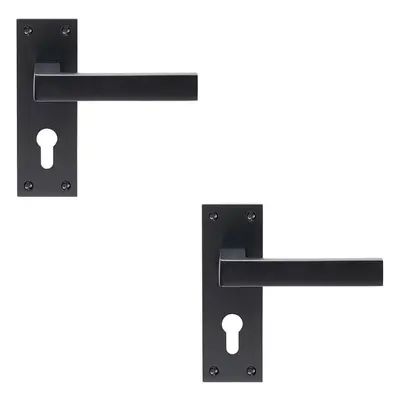 2x PAIR Straight Square Handle on Euro Lock Backplate x 50mm Matt Black