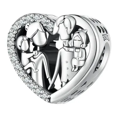 Love Heart Family Charm Bead Mum Mother Father Children With Cubic Zirconia Genuine Sterling Sil