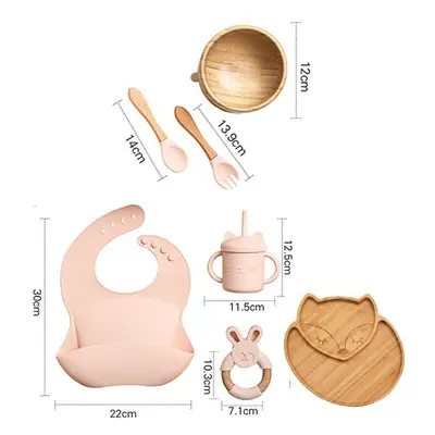 (7pcs Pink set-02) Wooden Dinner Plate Feeding Supplies Bamboo Baby Tableware Silicone Suction P